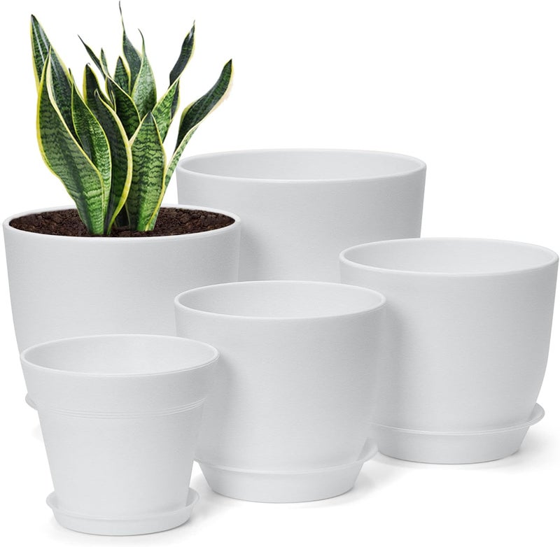 FHWTY Store 7 Pack Mix Size Plastic Plant Pots, 6.2/5.4/4.8/4.5/4 inch Indoor Planters with Drainage Holes and Tray, Thickened Plastic Flowers Pots for Plants, Succulents, Snake Plant and Cactus, White - Image 1